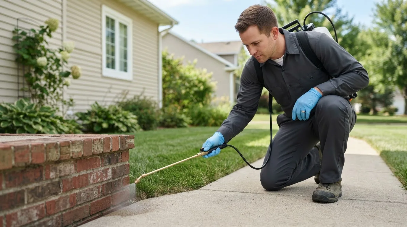 Pest control technician treating a home near Portlandville, NY