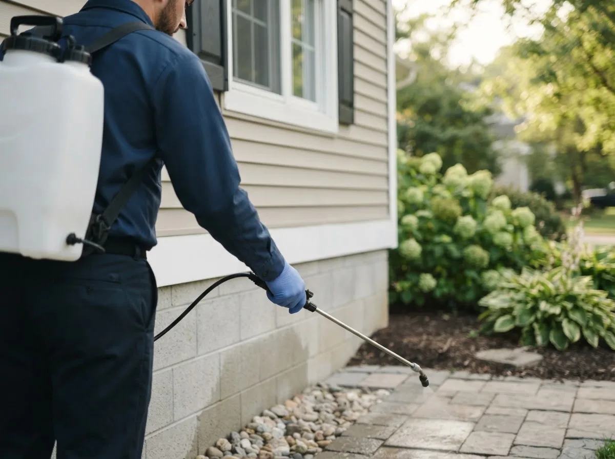Pest control technician inspecting a home in Portlandville, NY